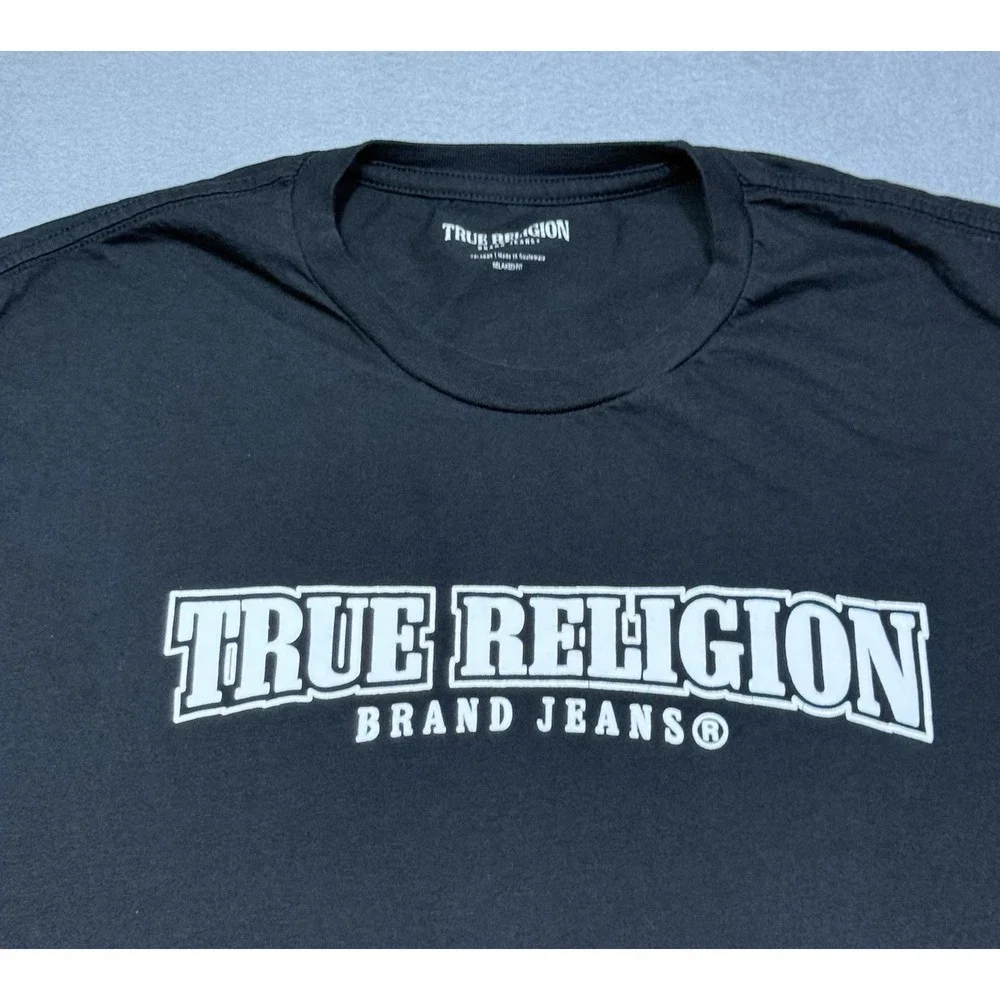True Religion T Shirt Mens XXL Relaxed Fit Spellout Big Logo Black Retro Street